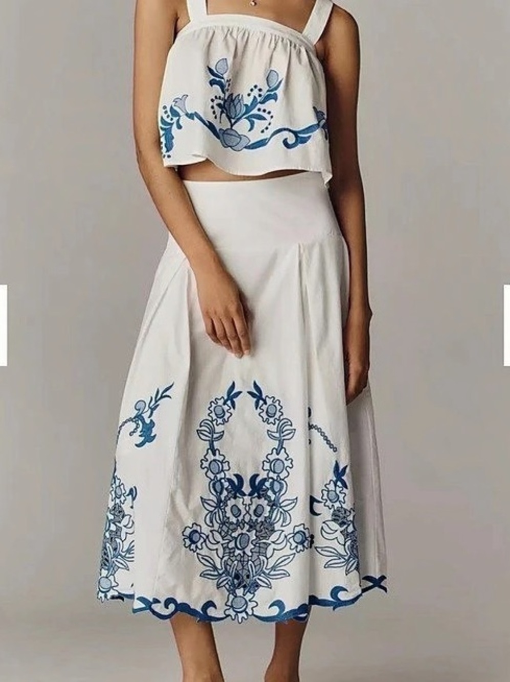 Anthropologie Cutwork Midi Skirt Floral Embroidered Midi Skirt in White & Blue